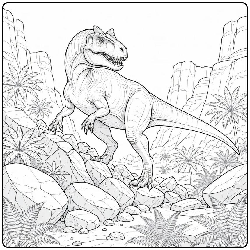 realistic allosaurus coloring page dinosaur on rocky ridge