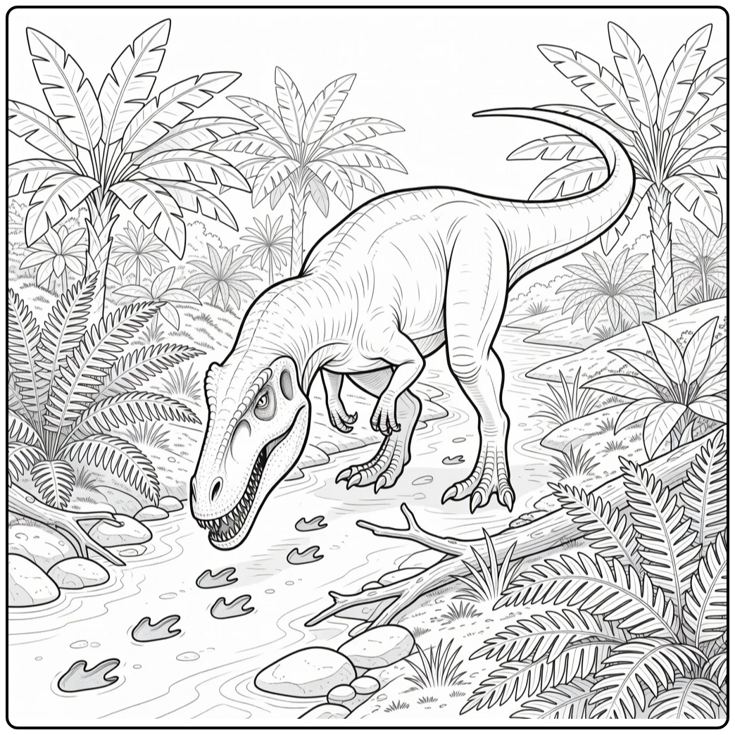 realistic allosaurus coloring page stalking by river tracks