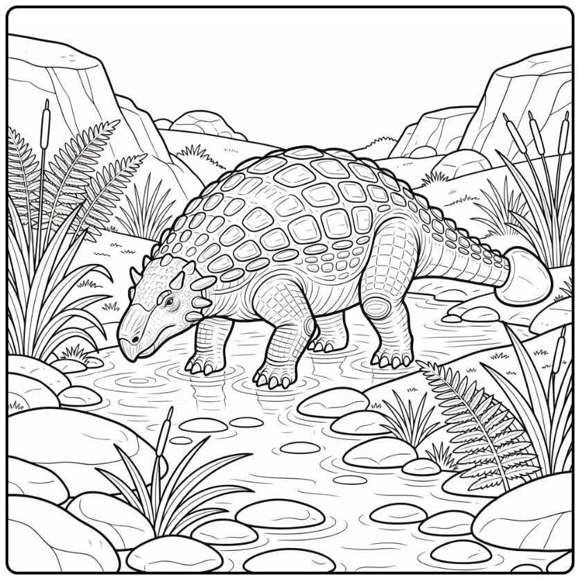 realistic ankylosaurus coloring page stream scene