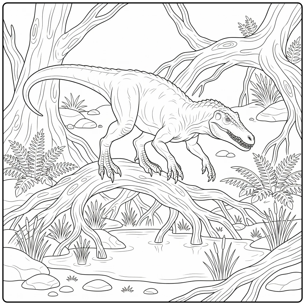 realistic baryonyx coloring pages dinosaur climbing roots by swamp