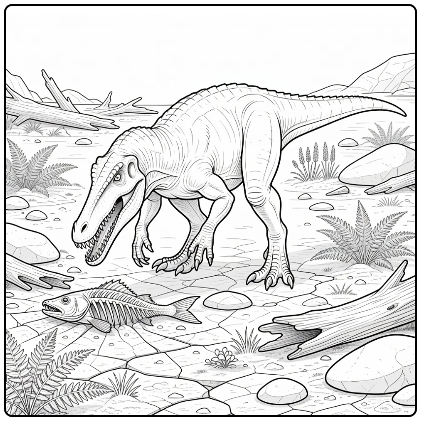 realistic baryonyx coloring pages dinosaur by fish skeleton