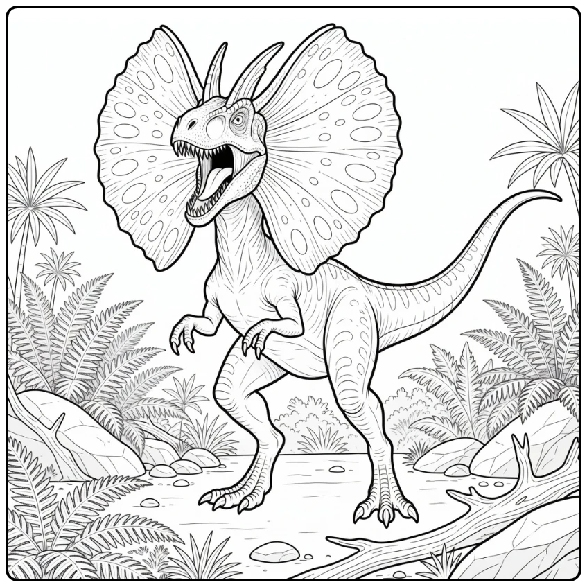 realistic dilophosaurus coloring page of roaring dino with frill