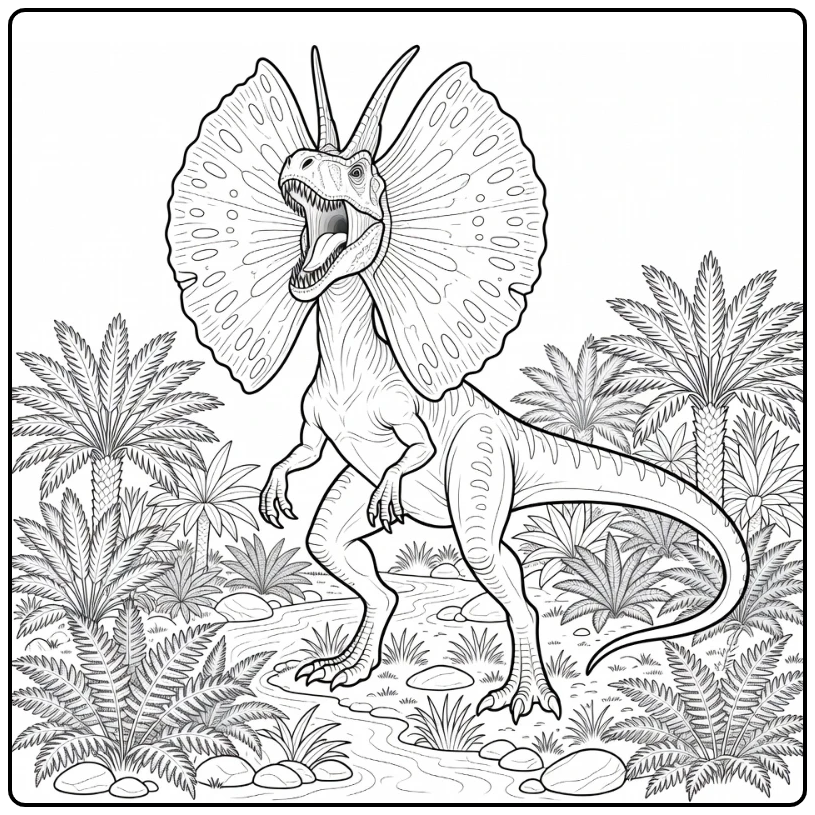 realistic dilophosaurus coloring page with neck frill display