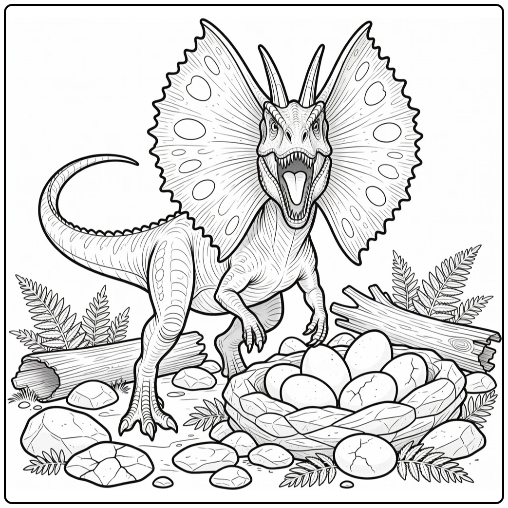 realistic dilophosaurus coloring page in defensive pose
