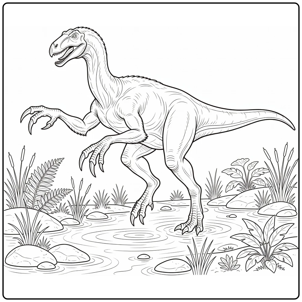 realistic therizinosaurus coloring page in shallow stream