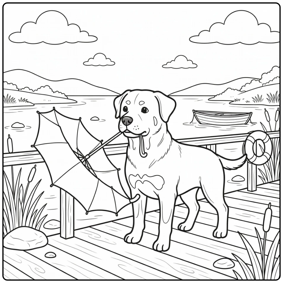 Rottweiler coloring page dog finds umbrella on boardwalk