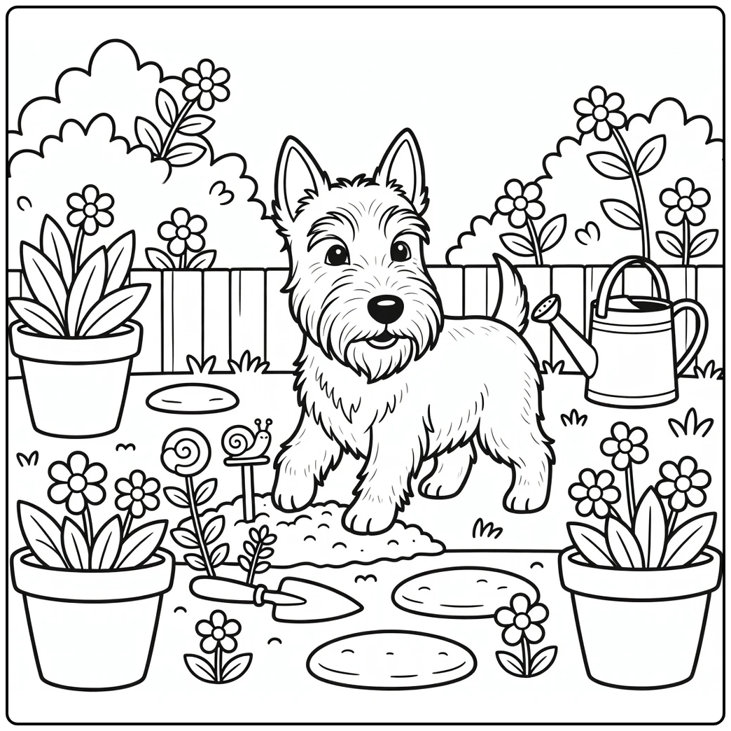 Scottie dog coloring page of terrier digging near snail