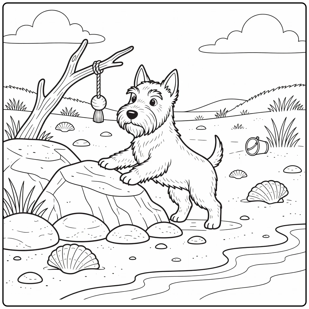 Scottie dog coloring page of terrier reaching for toy