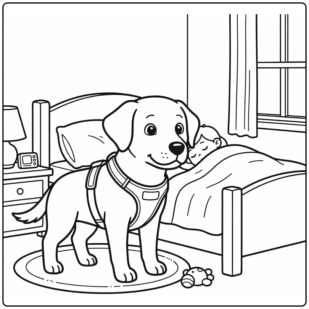 Service dog coloring page of gentle nighttime alert to child