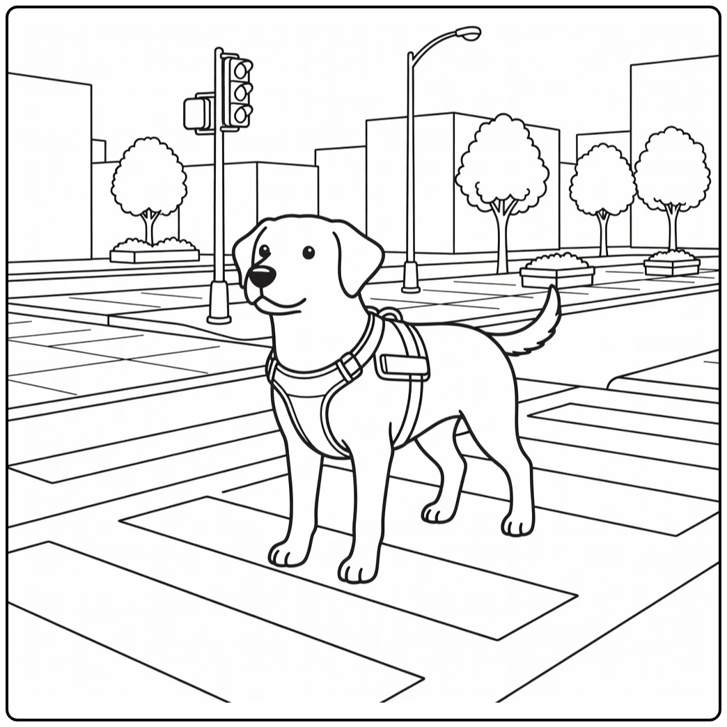 Service dog coloring page of Labrador at city crosswalk