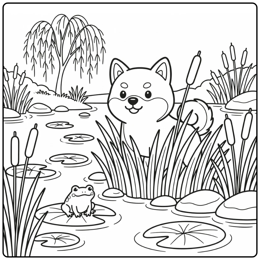Shiba inu coloring page with dog and frog on lily pad