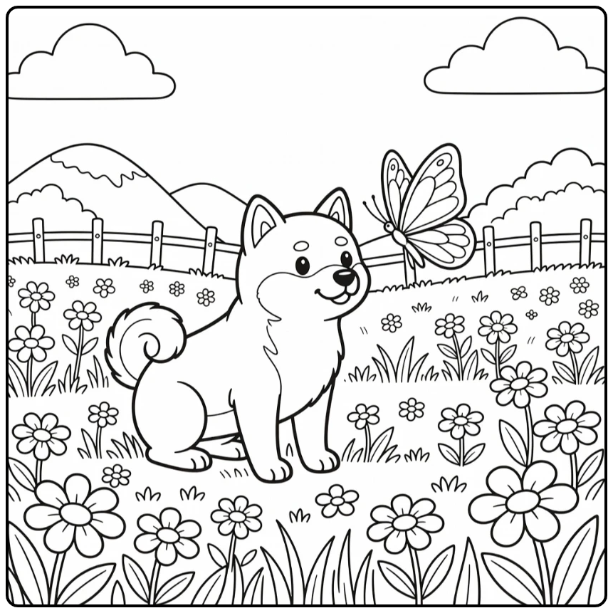 Shiba inu coloring page dog in flower meadow with butterfly