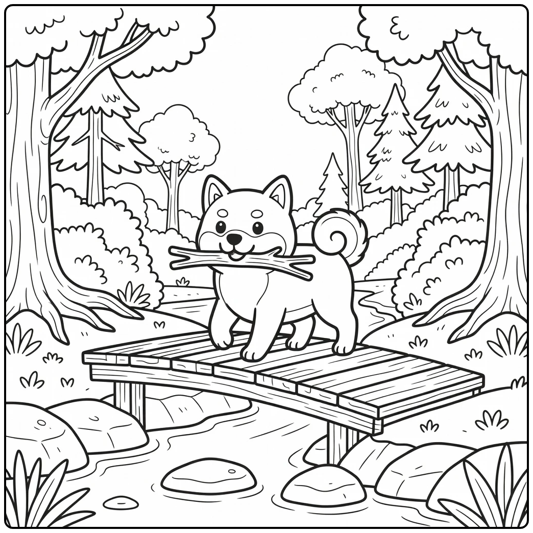 Shiba inu coloring page of dog carrying stick on bridge