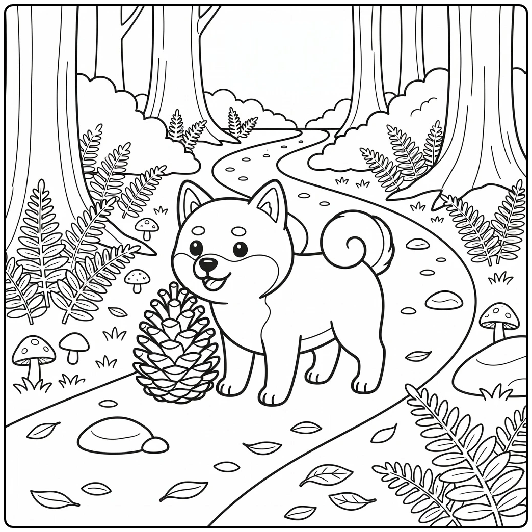 Shiba inu coloring page cute dog sniffing pinecone in woods