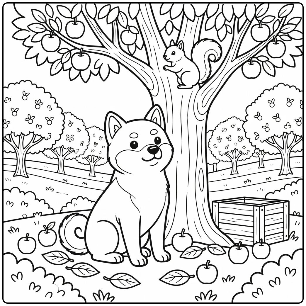 Shiba inu coloring page: dog watches squirrel under fruit tree