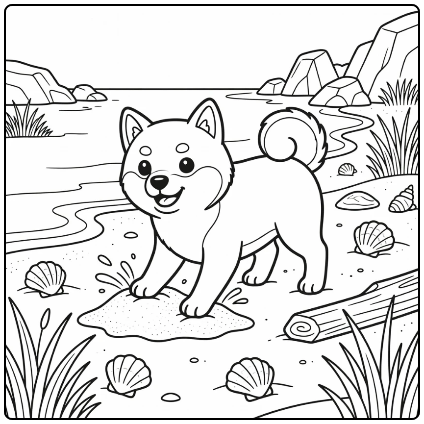Shiba Inu Coloring Page digging sand by ocean waves