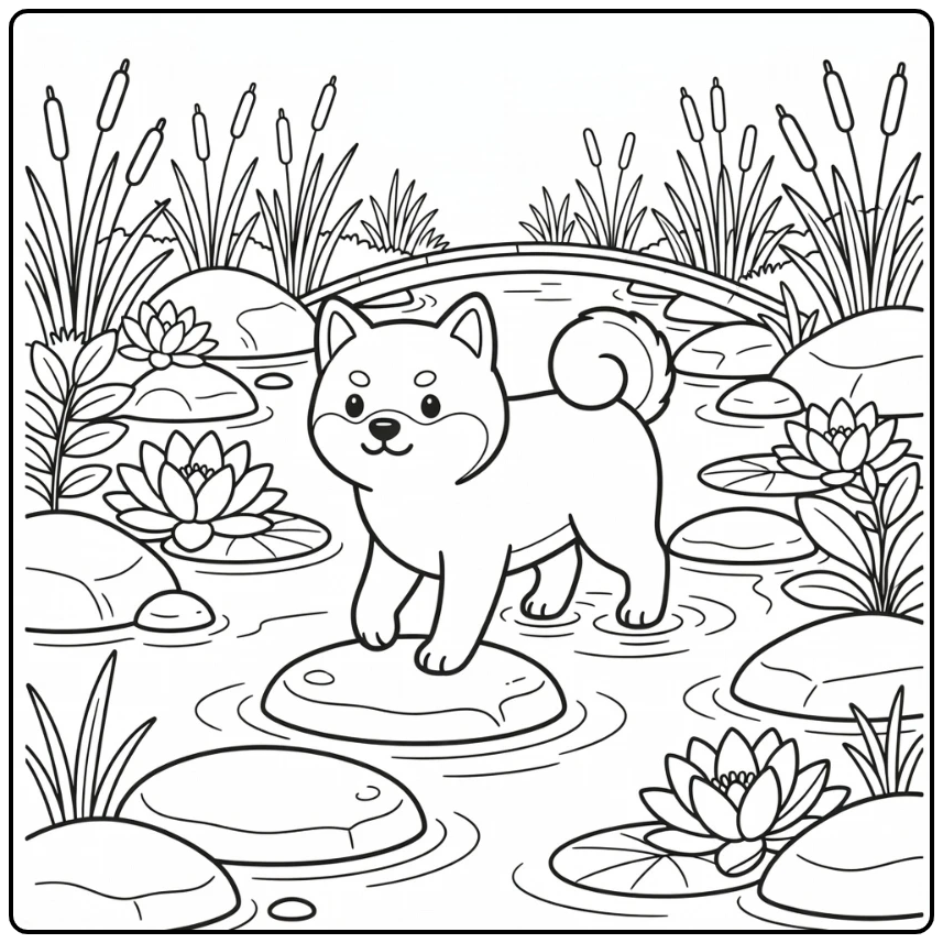 shiba inu coloring page dog on stepping stone in stream