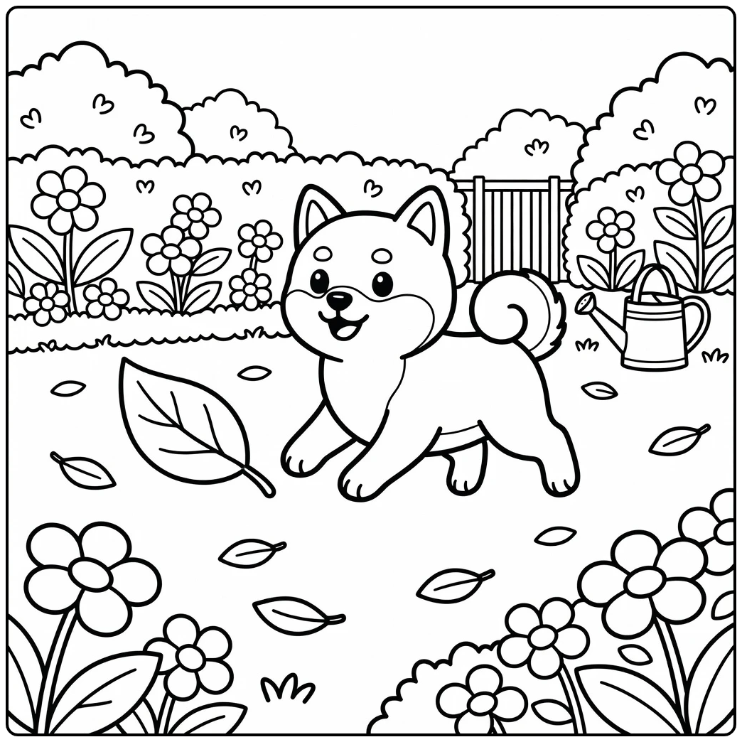 Shiba Inu coloring page dog chasing leaf in garden
