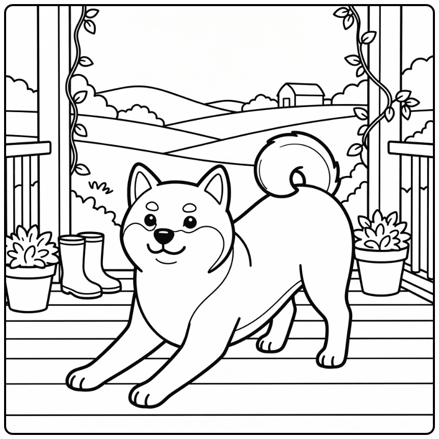 Shiba inu coloring page of cute dog stretching on porch