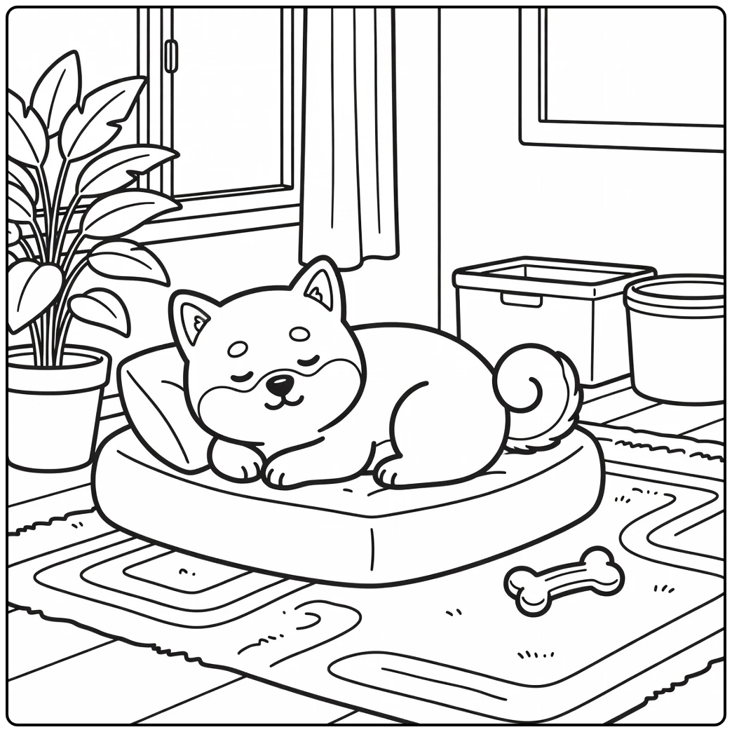 Shiba inu coloring page of sleepy dog curled by window