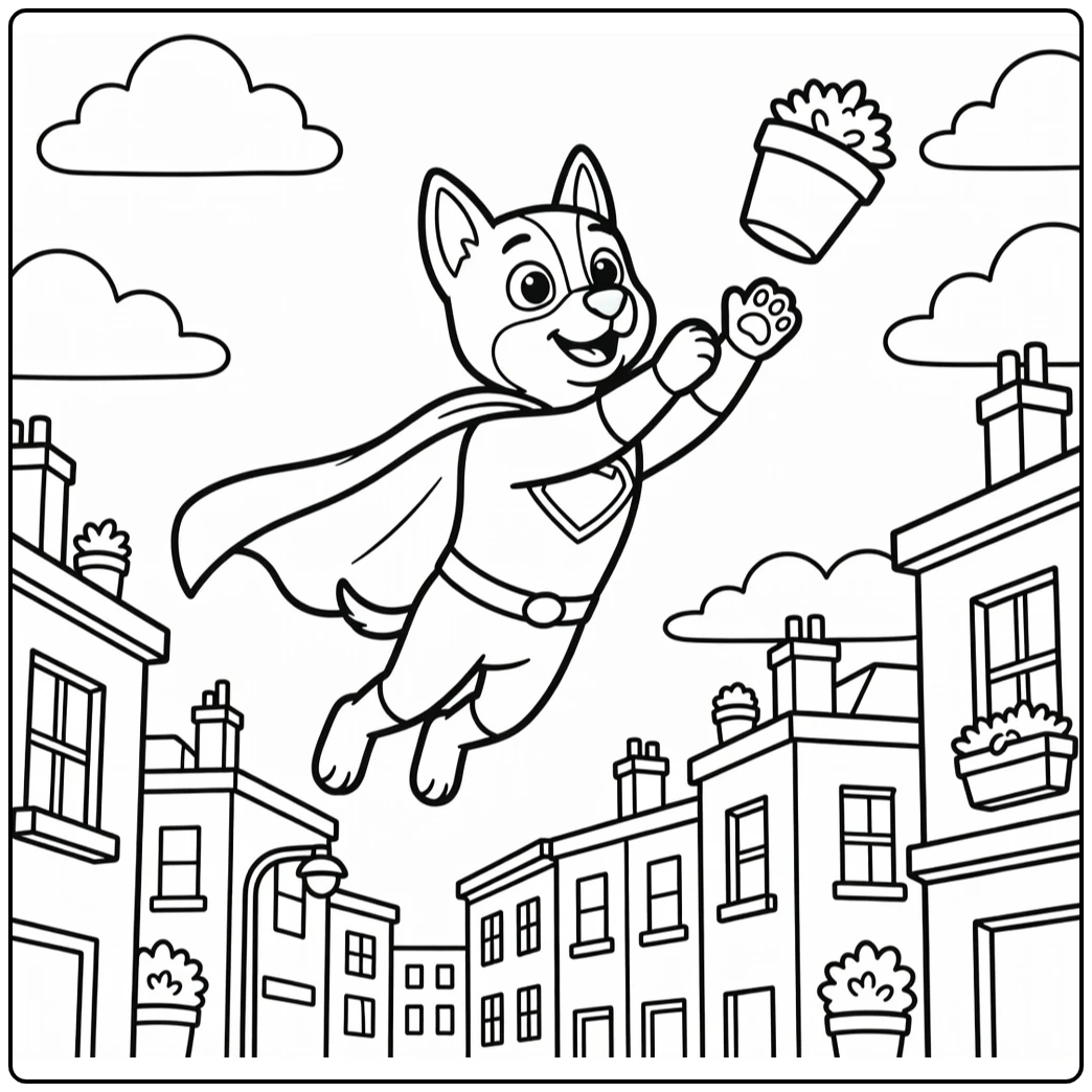 super dog coloring page heroic dog catching flowerpot