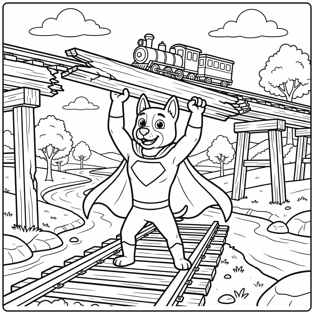 Super dog coloring page lifting beam on railway bridge