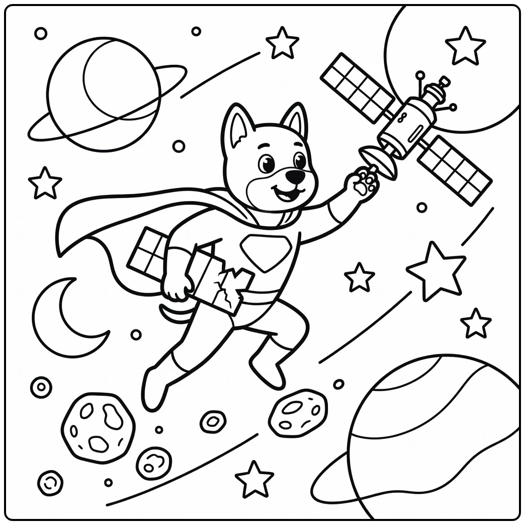 super dog coloring page of heroic dog in space adventure
