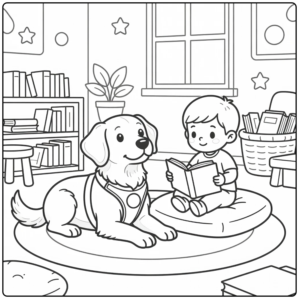 Therapy dog coloring page with child in reading corner