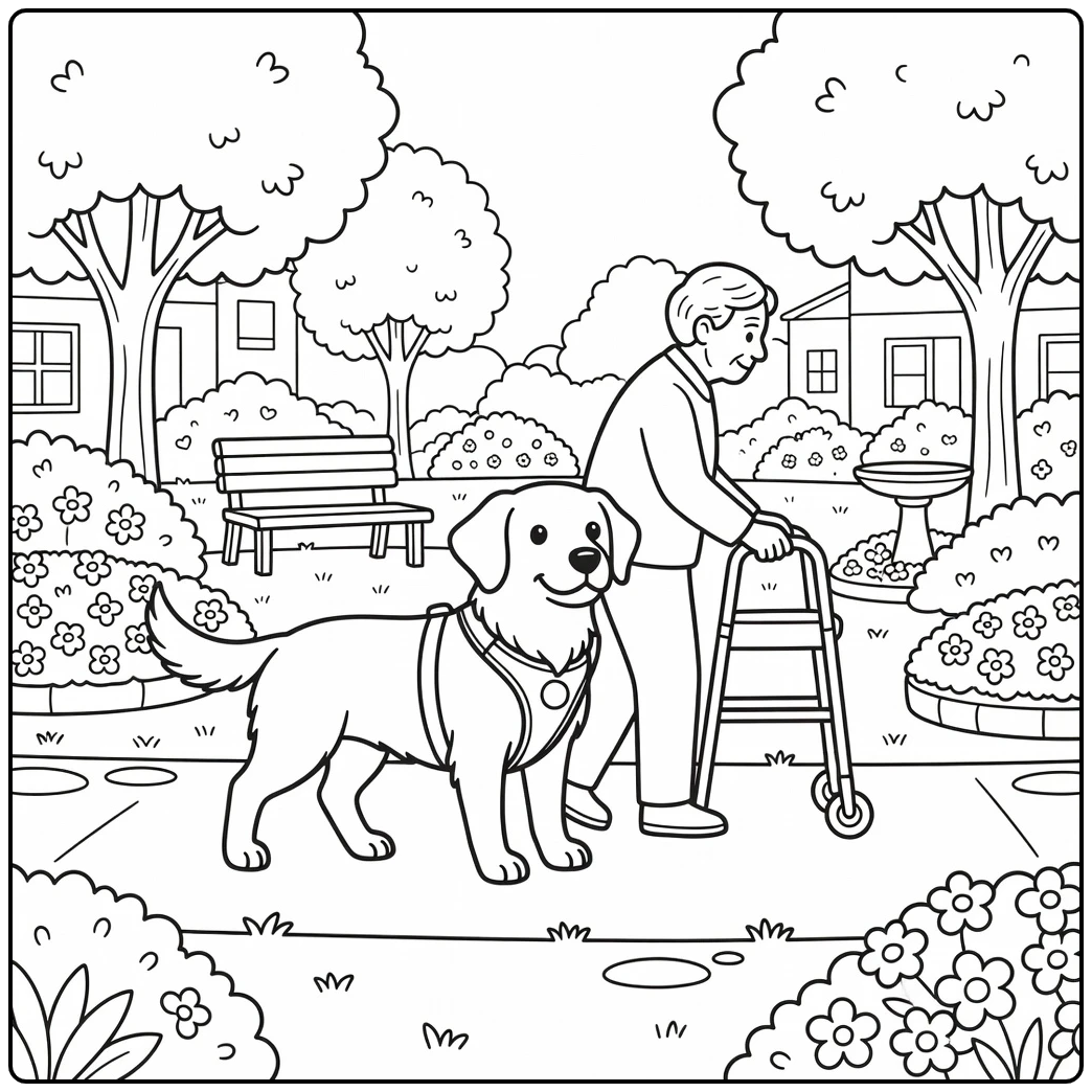Therapy dog coloring page: retriever beside elderly with walker