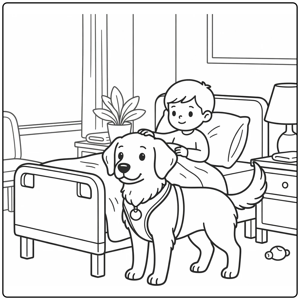 Therapy dog coloring page with retriever and child