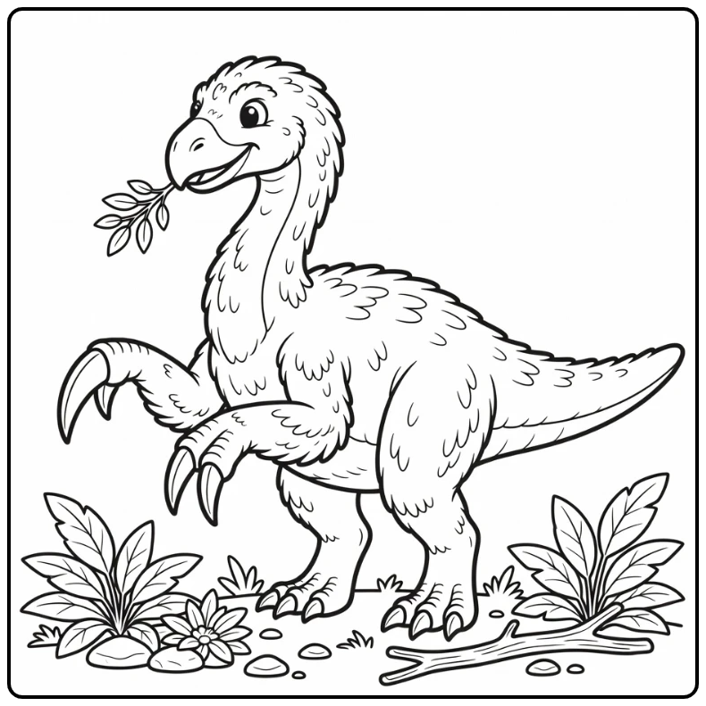 Therizinosaurus coloring page with feathered dino eating plants