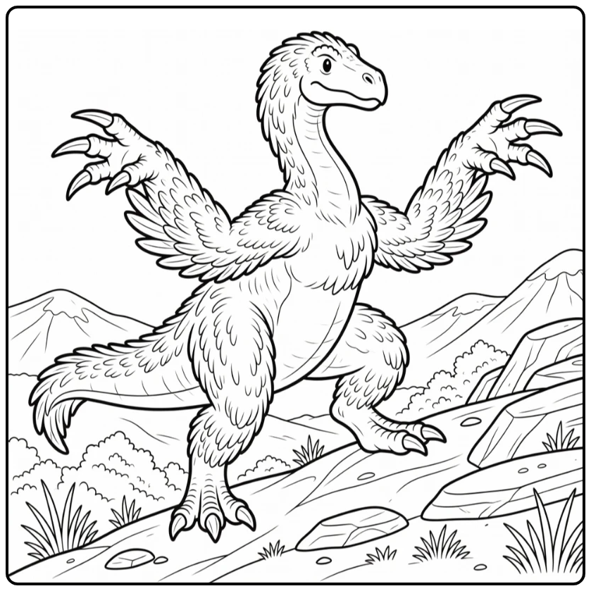 therizinosaurus coloring page with clawed dinosaur climbing