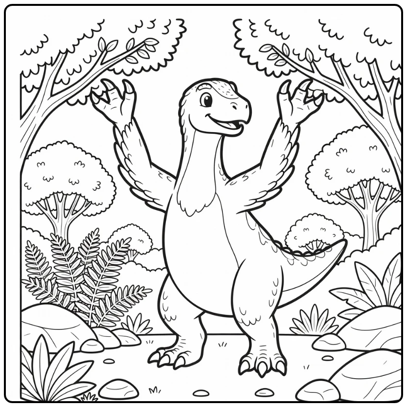 therizinosaurus coloring page with long claws and ferns
