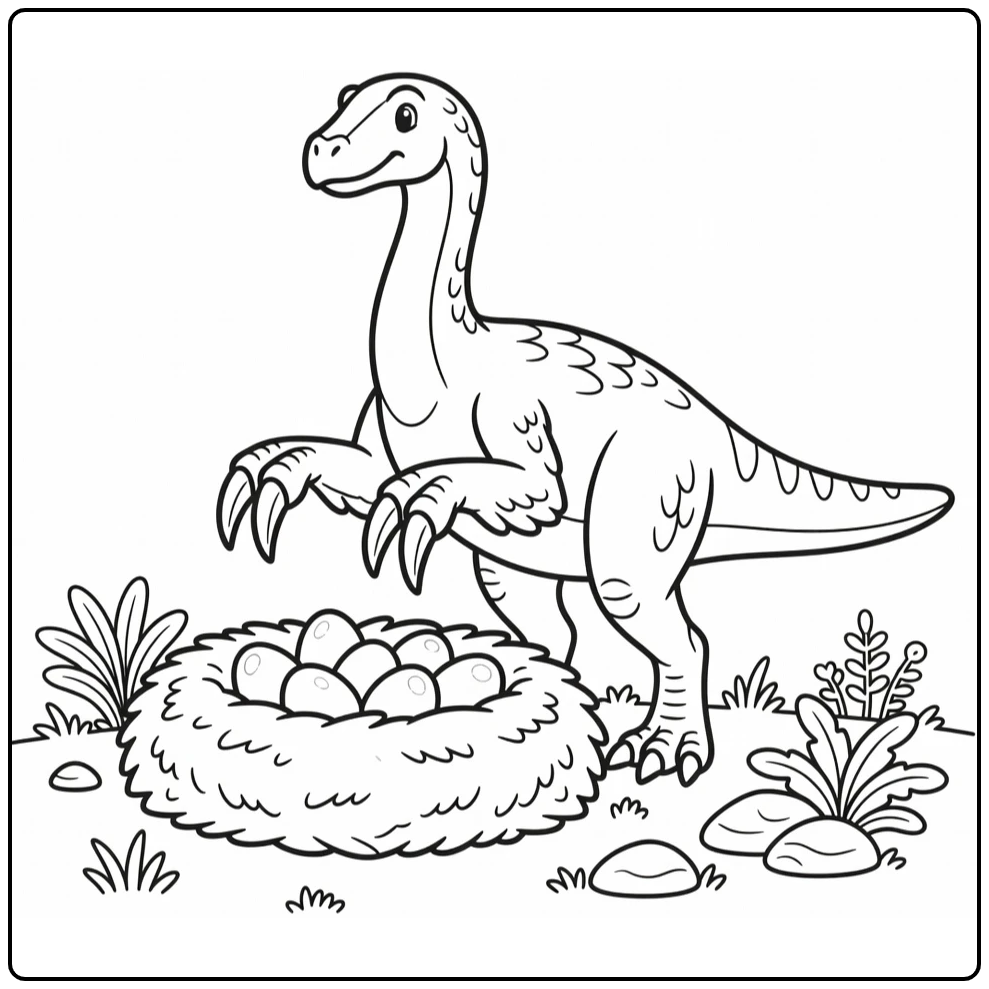 therizinosaurus coloring page with dinosaur guarding nest