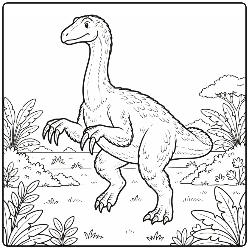 therizinosaurus coloring page with long claws in field