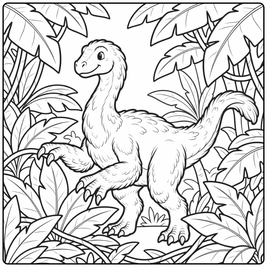 therizinosaurus coloring page cute dino in jungle leaves