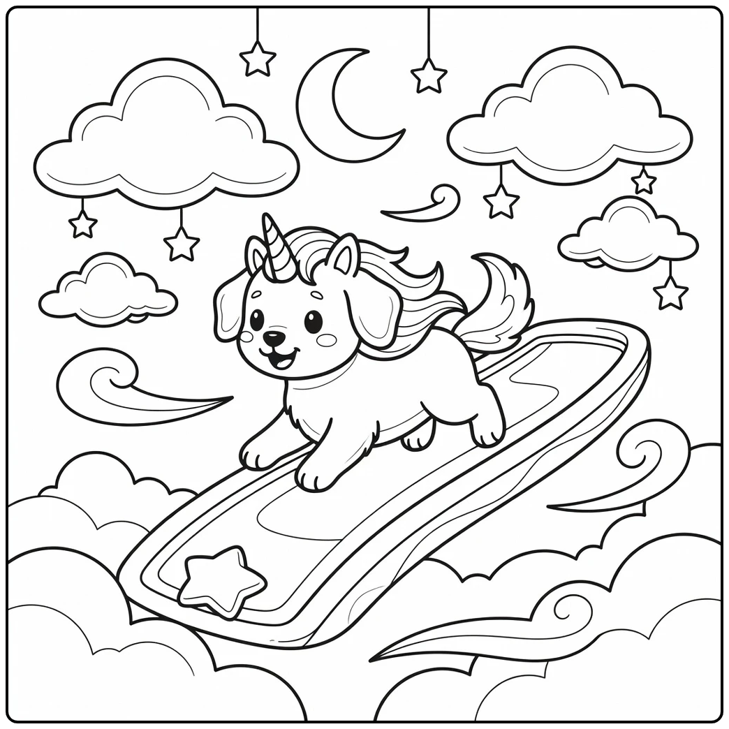 unicorn dog coloring page cute puppy on cloud ramp