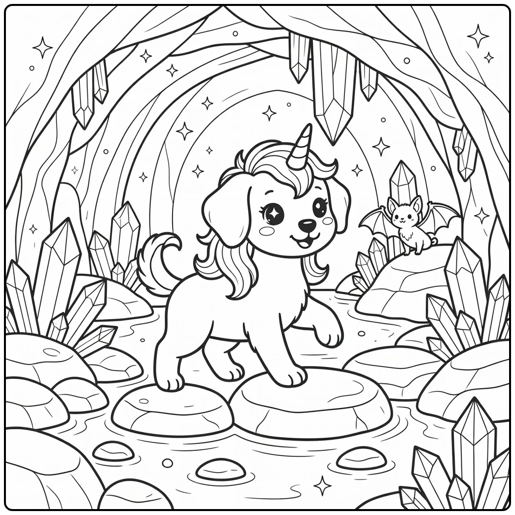 unicorn dog coloring page cute puppy in crystal cave