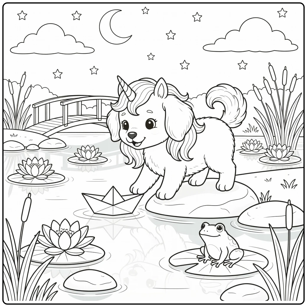 Unicorn dog coloring page with puppy nudging paper boat