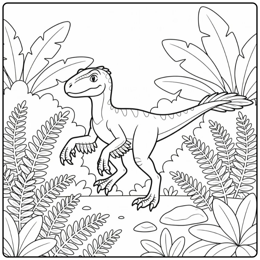 utahraptor coloring page stalking raptor in fern clearing