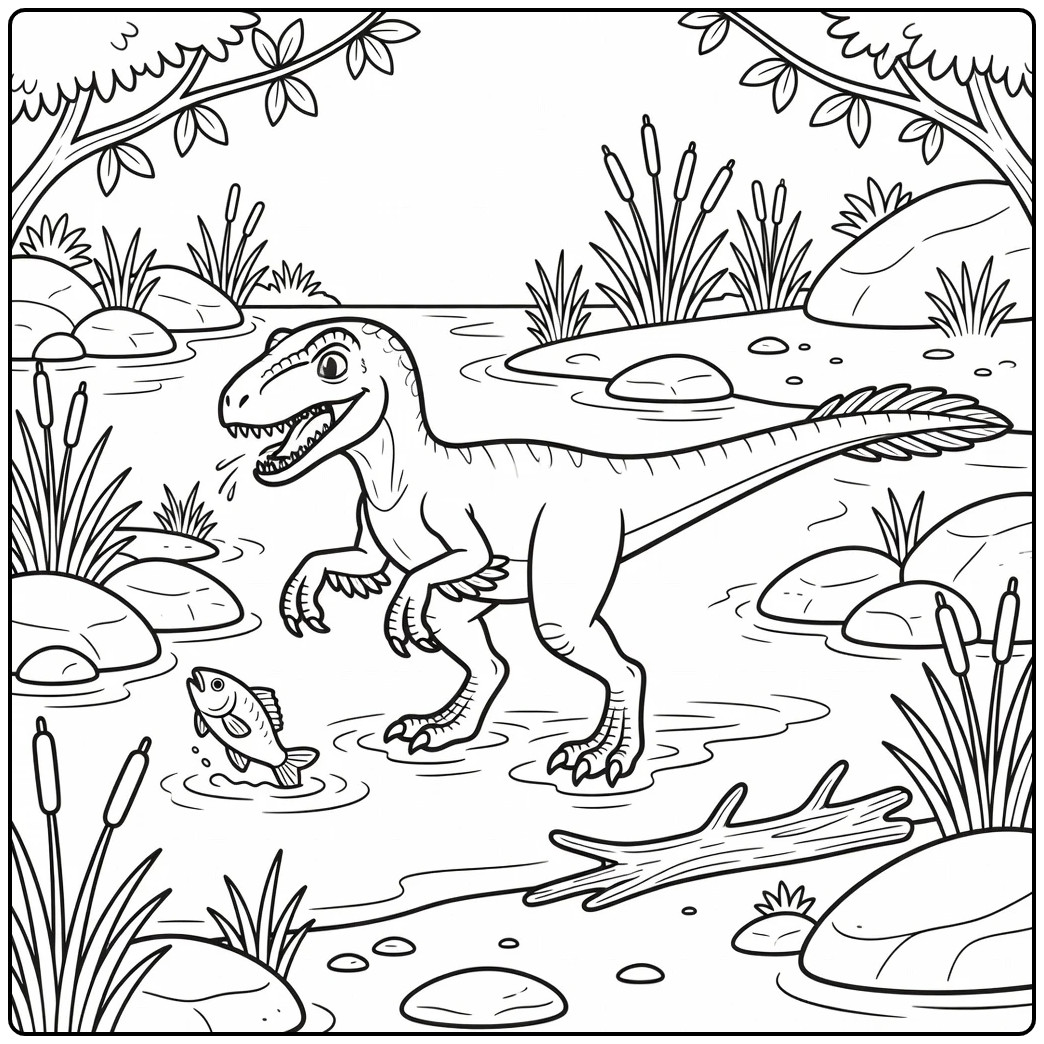 utahraptor coloring page dinosaur catching fish in stream
