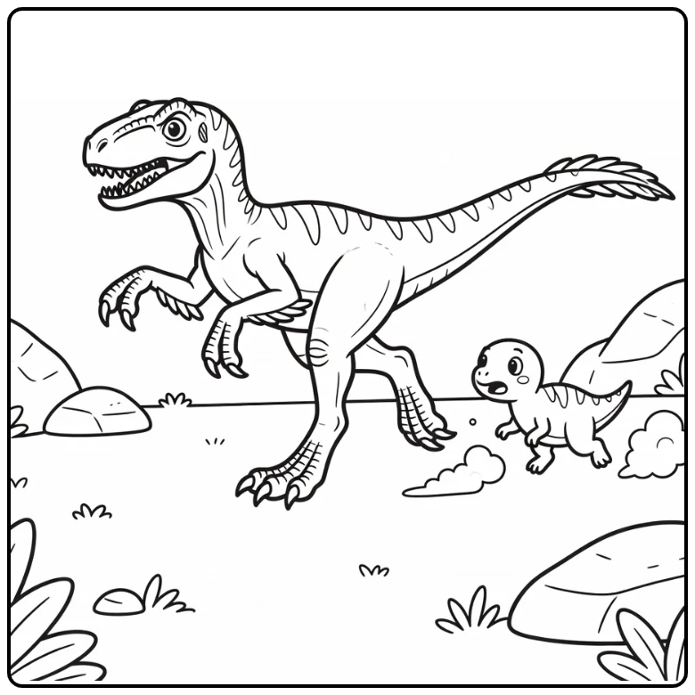 Utahraptor coloring page with raptor chasing small dinosaur