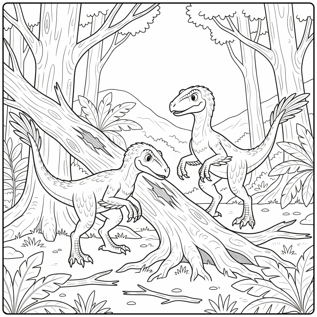 utahraptor coloring page with two raptors by fallen tree