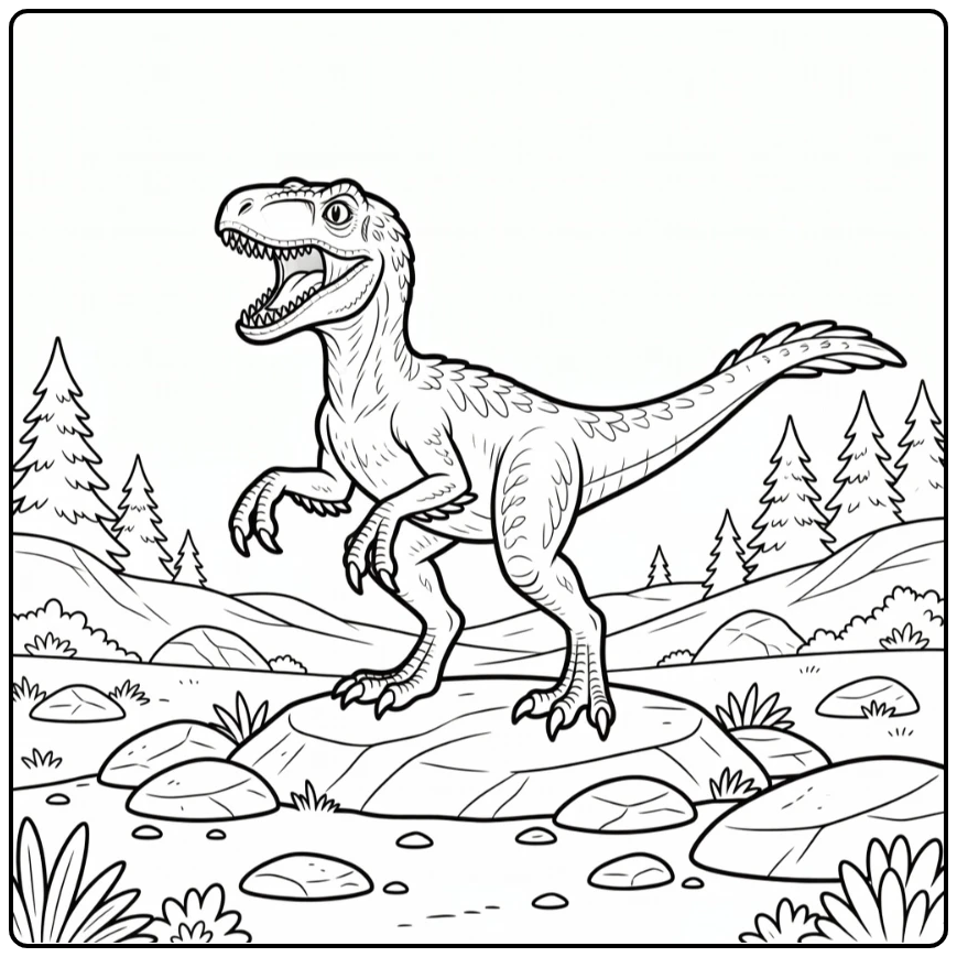 Utahraptor coloring page with feathered raptor roaring on rocks