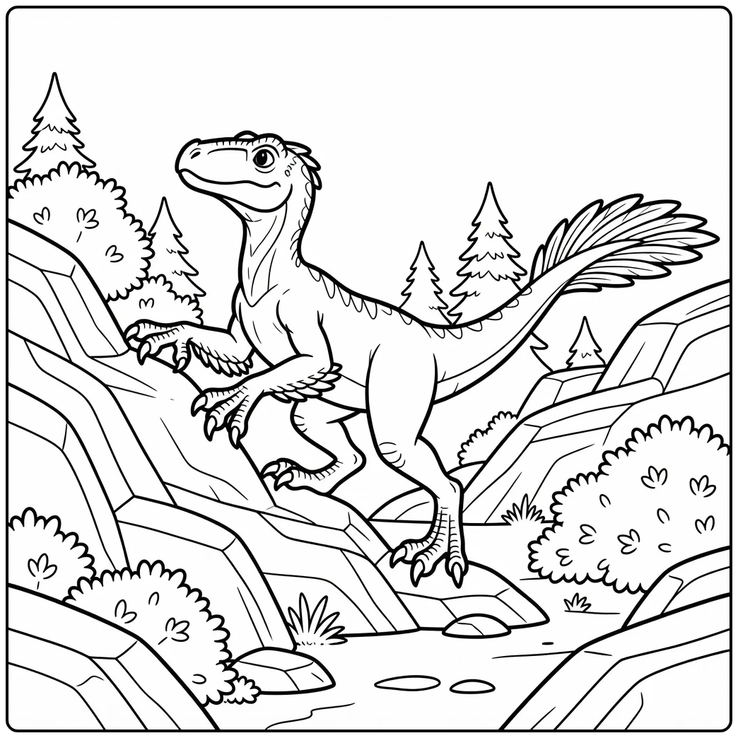 utahraptor coloring page dinosaur climbing rocky hillside