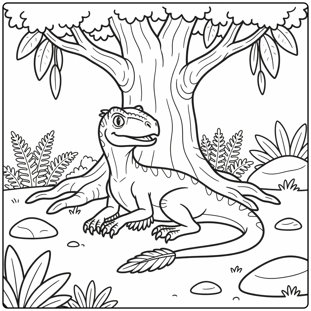 utahraptor coloring page of alert raptor under prehistoric tree