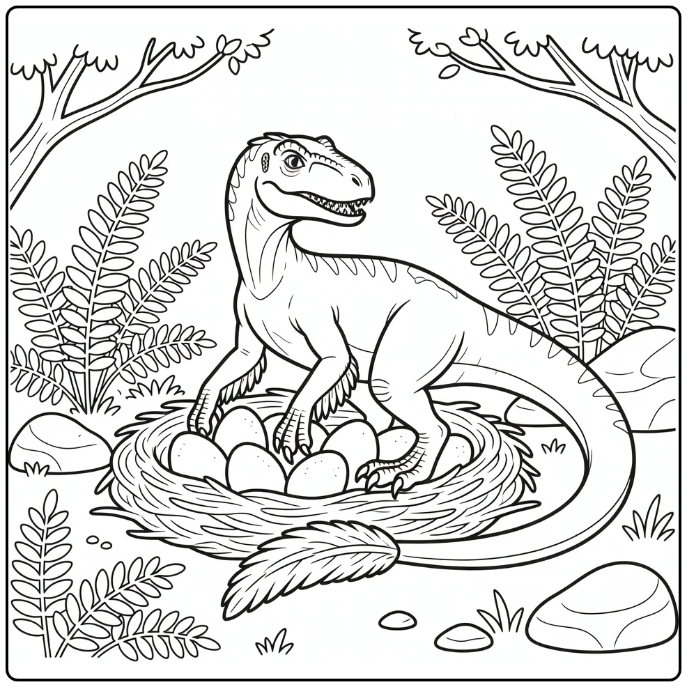 utahraptor coloring page of protective dinosaur by nest