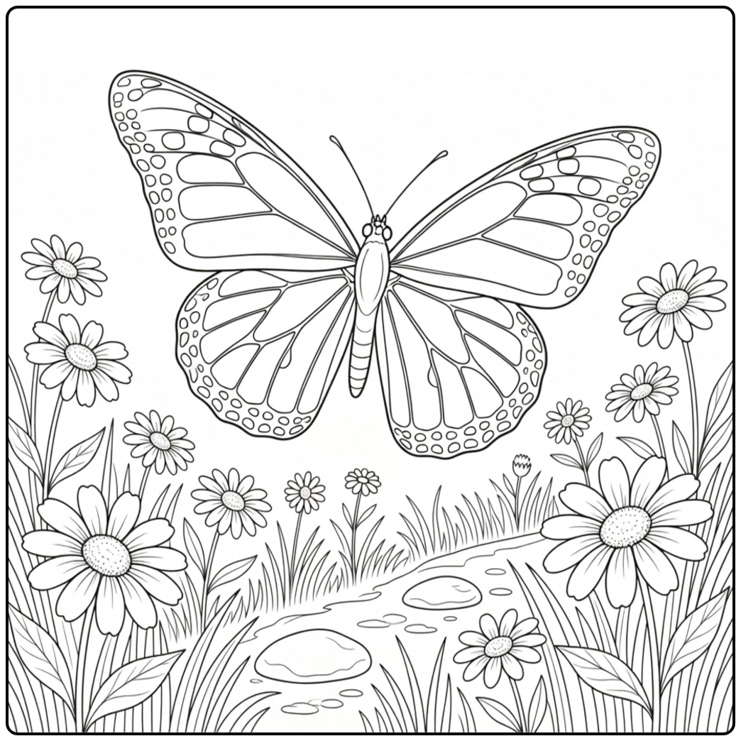 Open-wing monarch hovering above daisies, grasses, and a small rocky garden pond