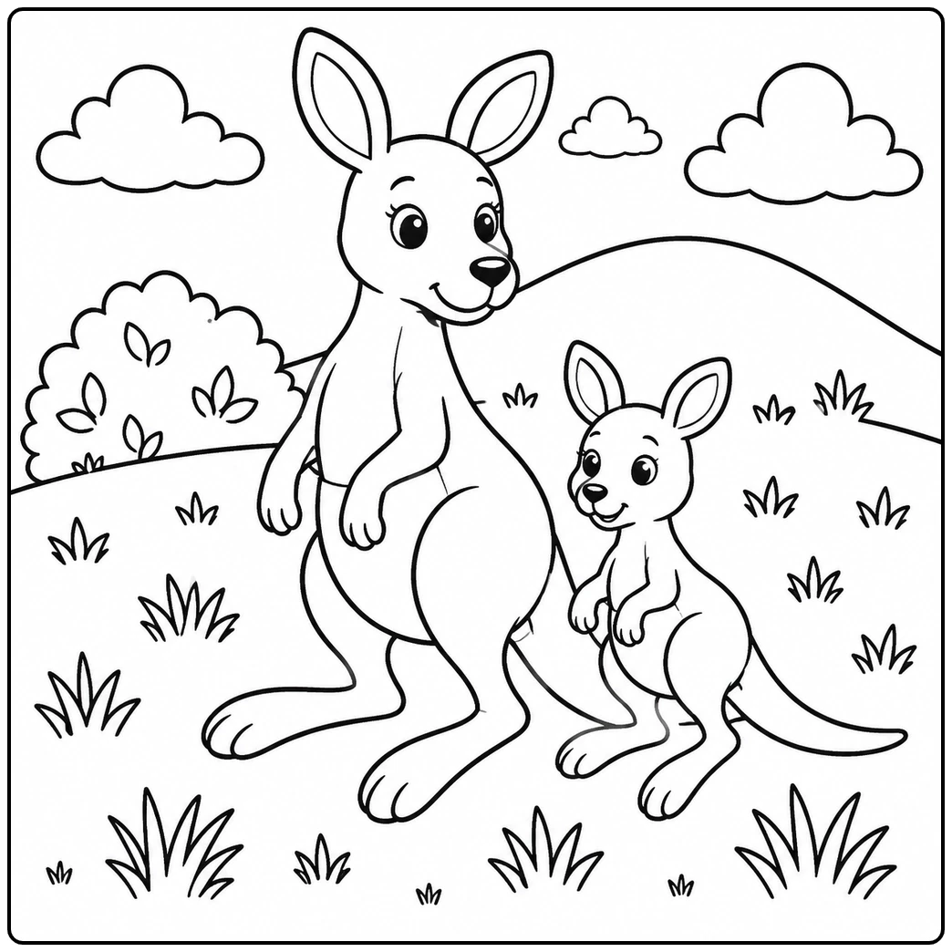 A kangaroo coloring page showing an adult and joey standing together in grass with bushes and clouds.