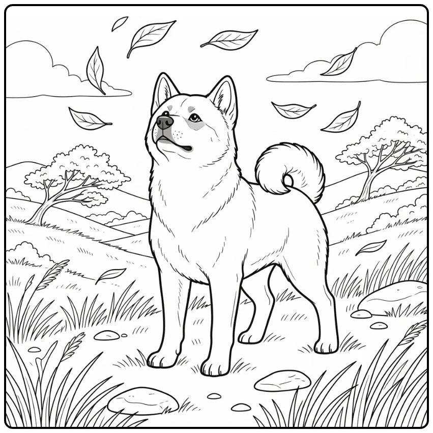 akita coloring page of Akita on windy hilltop scene